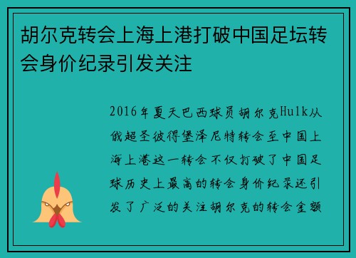 胡尔克转会上海上港打破中国足坛转会身价纪录引发关注
